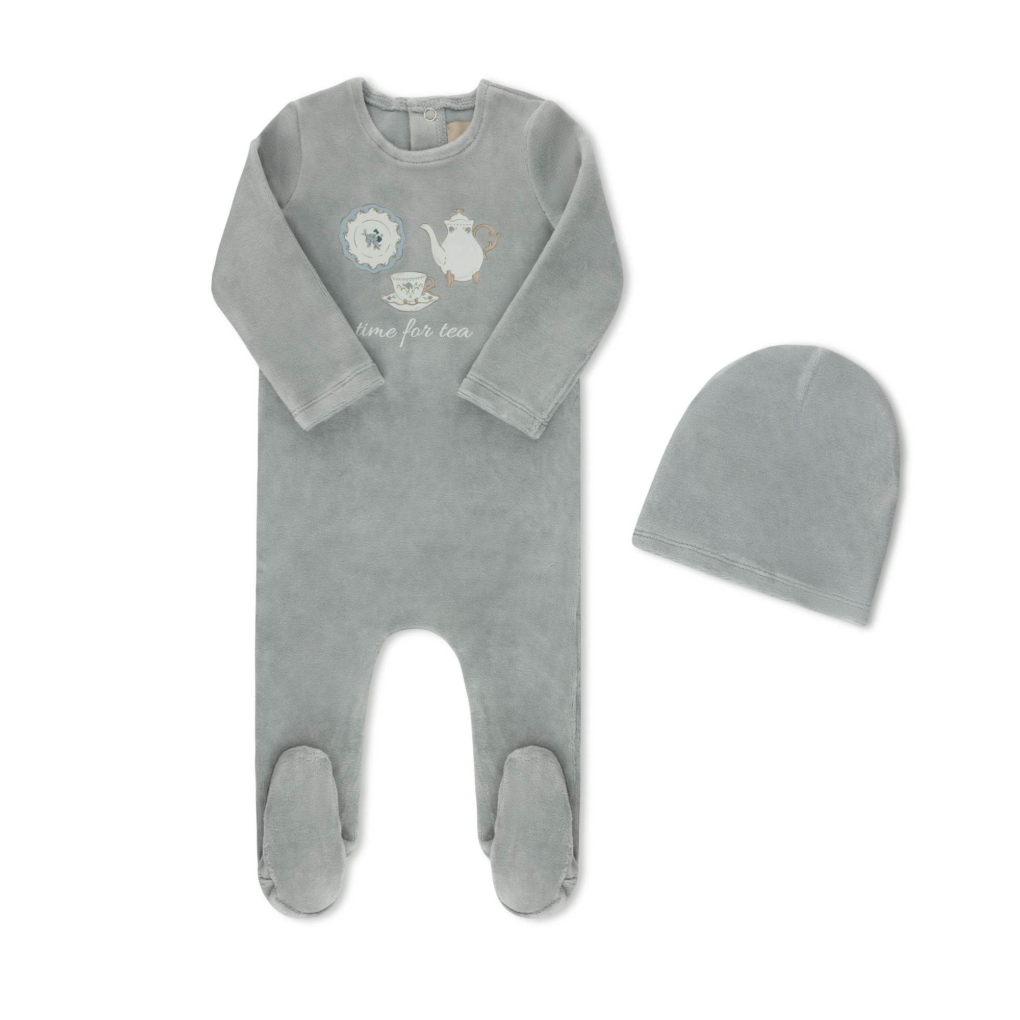 Time for Tea pink baby footie with matching hat — TB by Tricot
