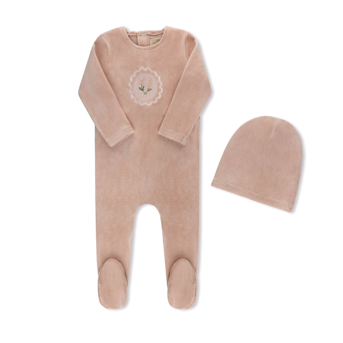 Scalloped Embroidered Crest pink baby footie with matching hat — TB by Tricot