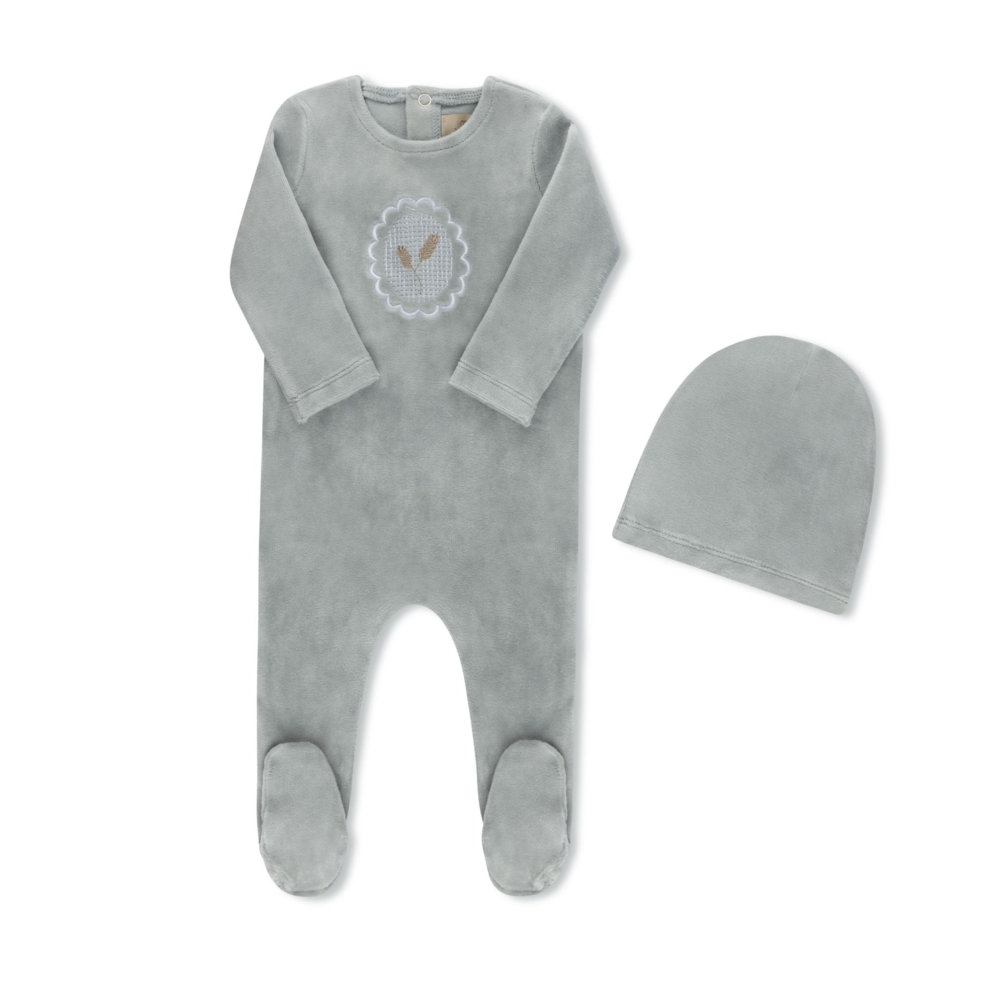 Scalloped Embroidered Crest pink baby footie with matching hat — TB by Tricot