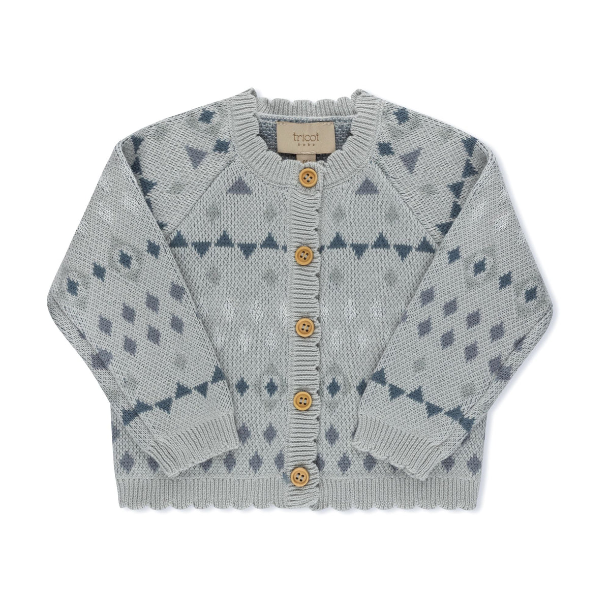 Jacquard knit baby cardigan in blue by Tricot Bebe