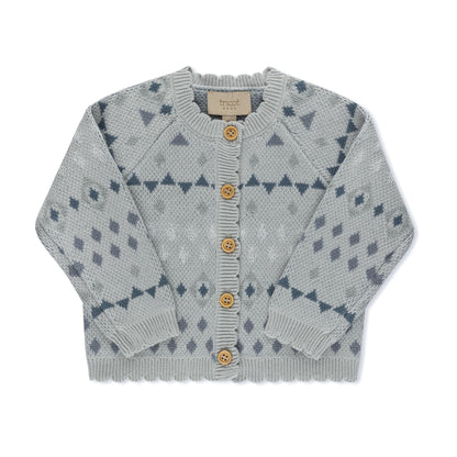 Jacquard knit baby cardigan in blue by Tricot Bebe