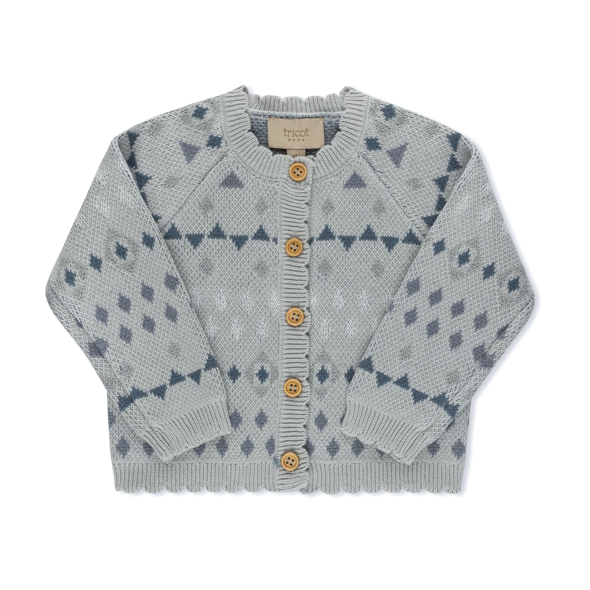 Jacquard knit baby cardigan in blue by Tricot Bebe