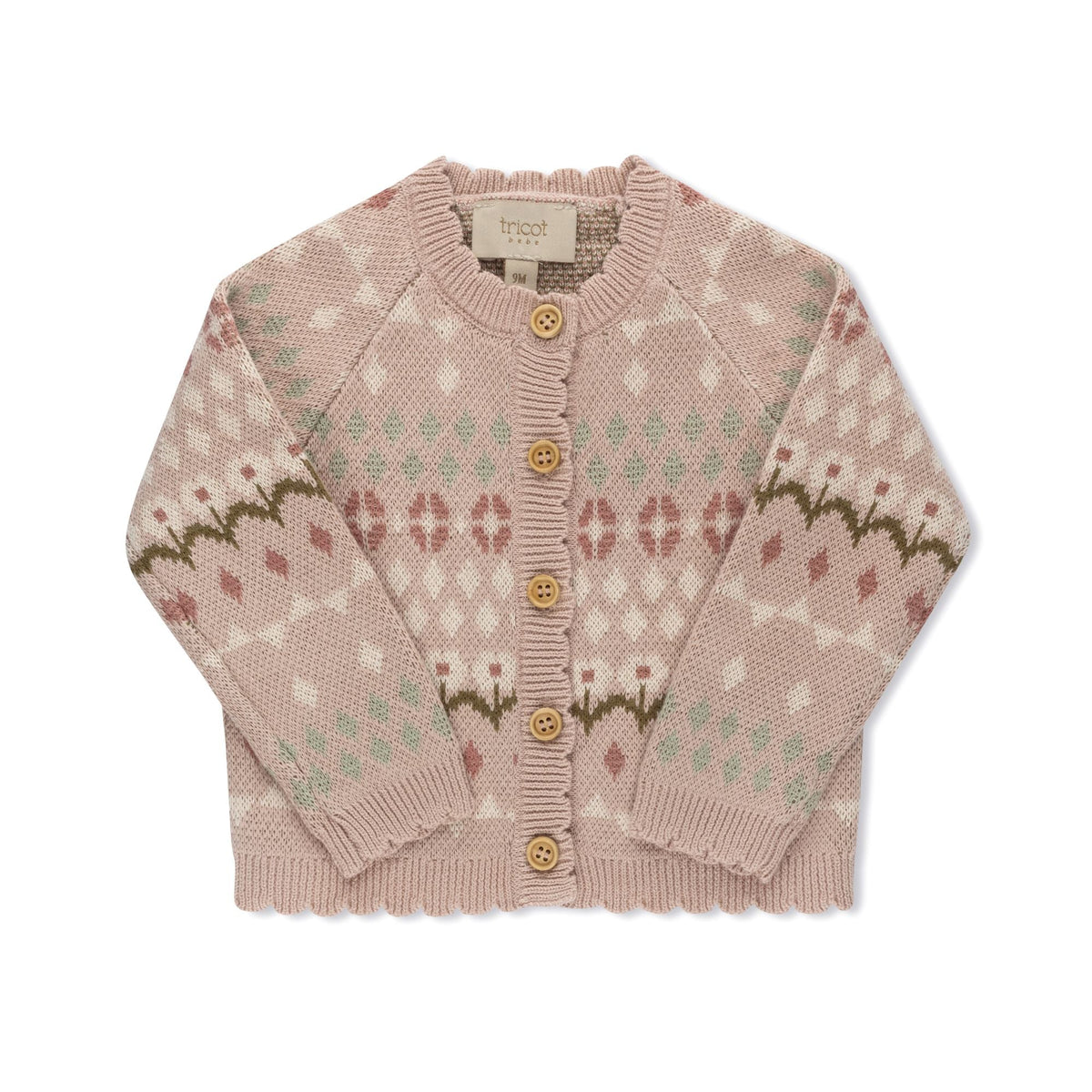 Jacquard knit baby cardigan in pink by Tricot Bebe