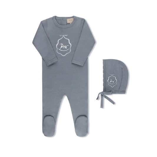 Knit collection embroidered baby footie and bonnet in blue by Tricot Bebe