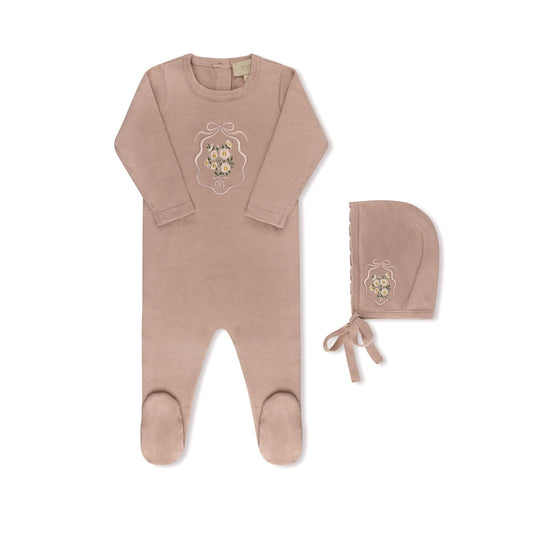 Knit collection embroidered baby footie and bonnet in pink by Tricot Bebe