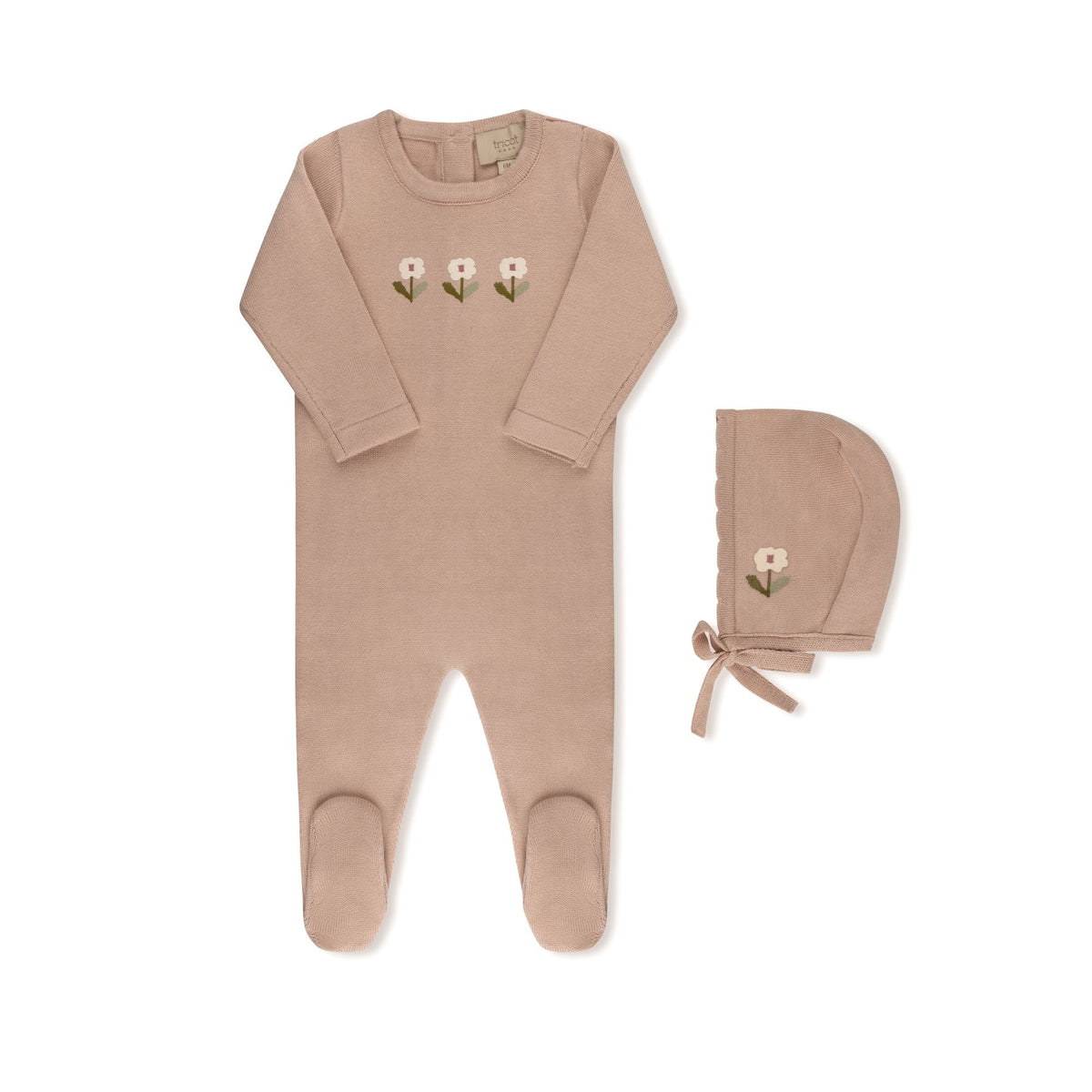Jacquard knit baby footie and bonnet in pink by Tricot Bebe