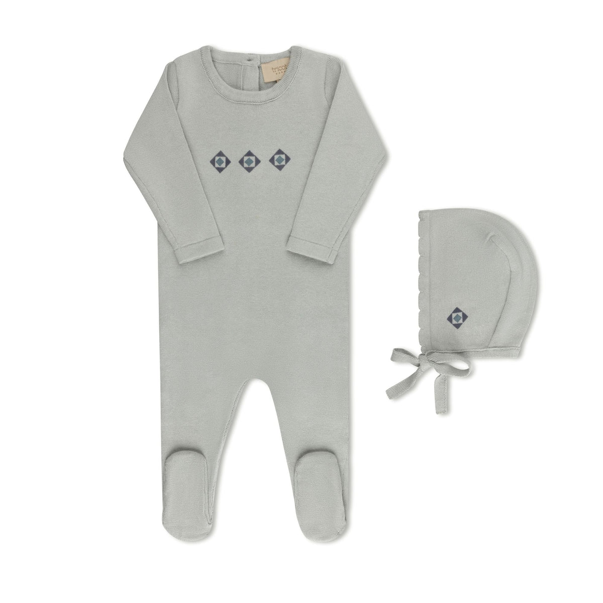 Jacquard knit baby footie and bonnet in blue by Tricot Bebe
