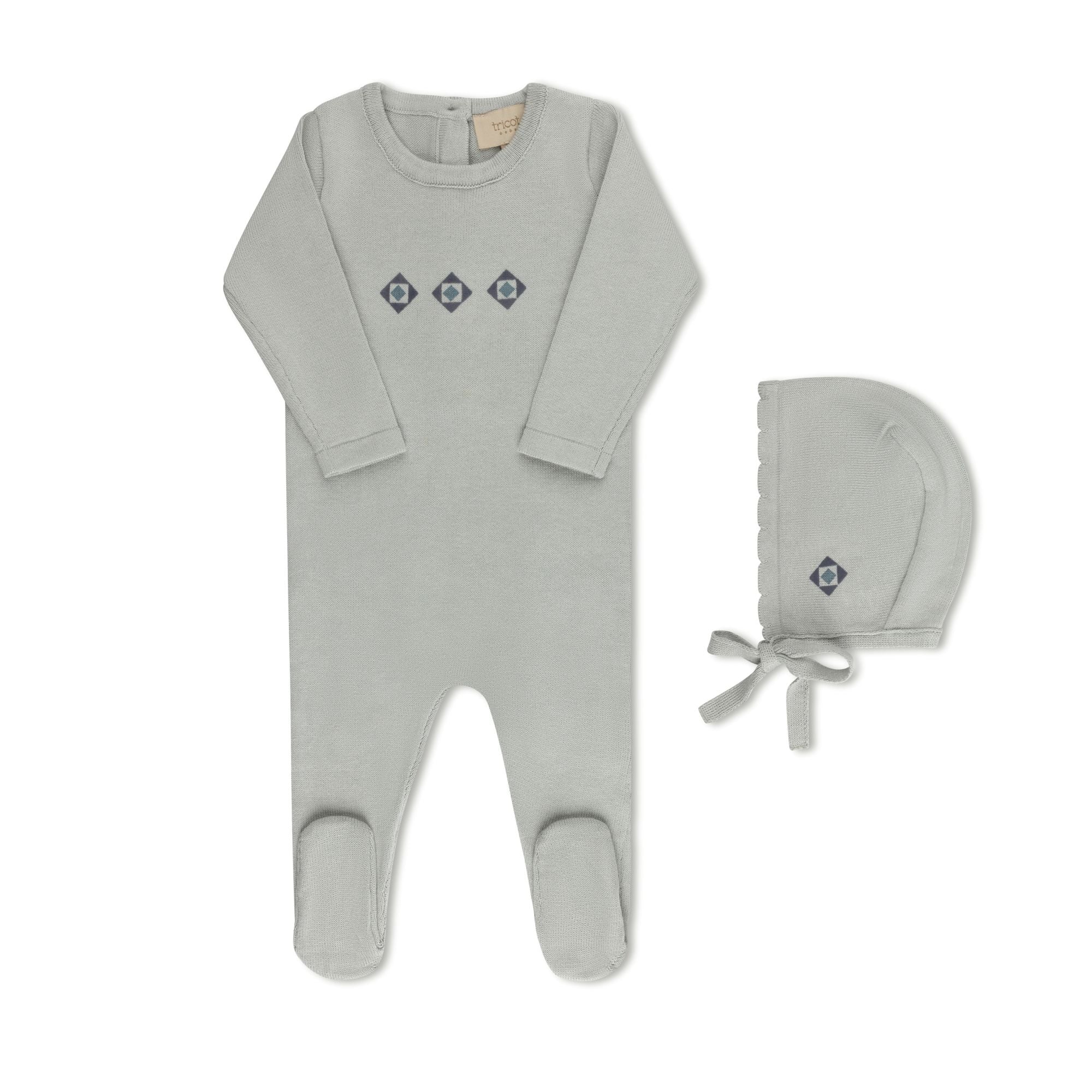 Jacquard knit baby footie and bonnet in blue by Tricot Bebe