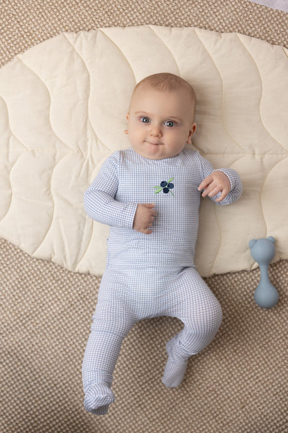 Cherry and blueberry print checked baby footie in cotton-spandex with hat