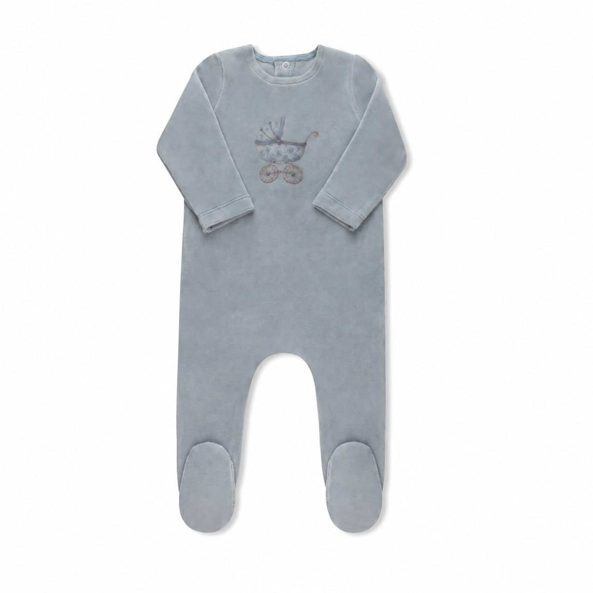 Blue Watercolor Carriage Velour footie without hat, sizes 9M, 12M and 18M