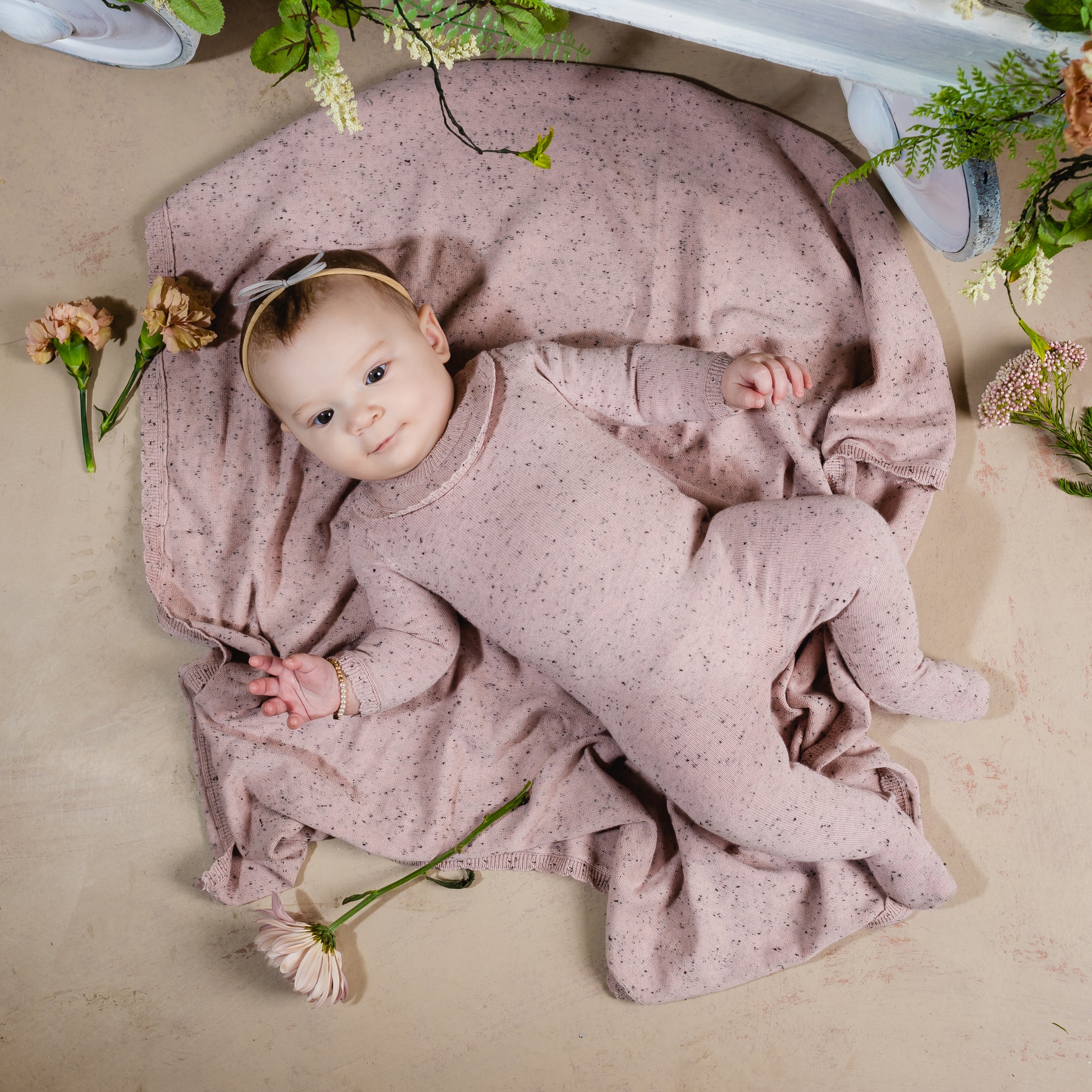 Speckled knit footie and hat